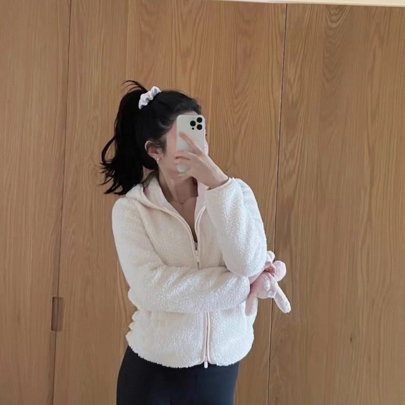 Cream Pink Teddy Zip Hoodie Jacket - Picture 2 of 10